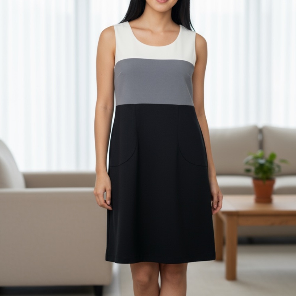 Theory Colorblock Sleeveless Shift Dress in White, Gray, and Black